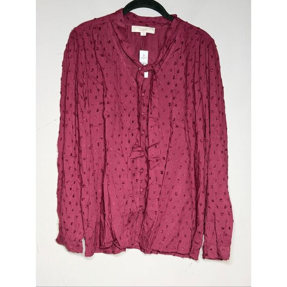 LOFT pusseybow neck line Swiss dot textured bundle of two blouses pink & maroon - Picture 2 of 14